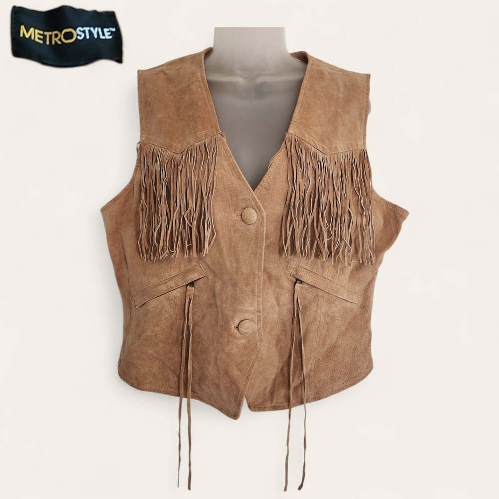 NWT Metrostyle Vintage Y2K Brown Suede Leather Fringe Vest 18 Boho Cowgirl